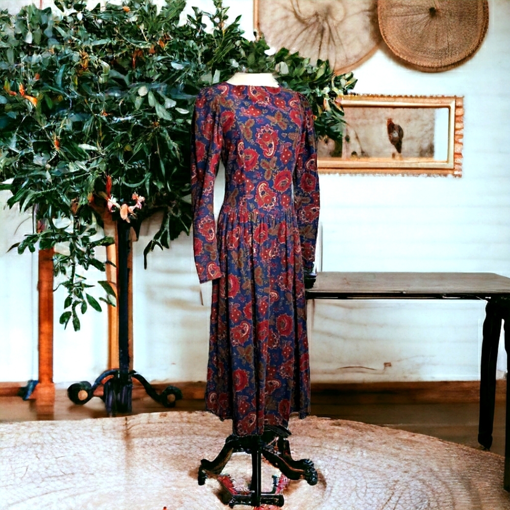 Vintage Laura Ashley Drop Waist Midi Dress Floral Paisley Corduroy Cottage s/m - Picture 4 of 17